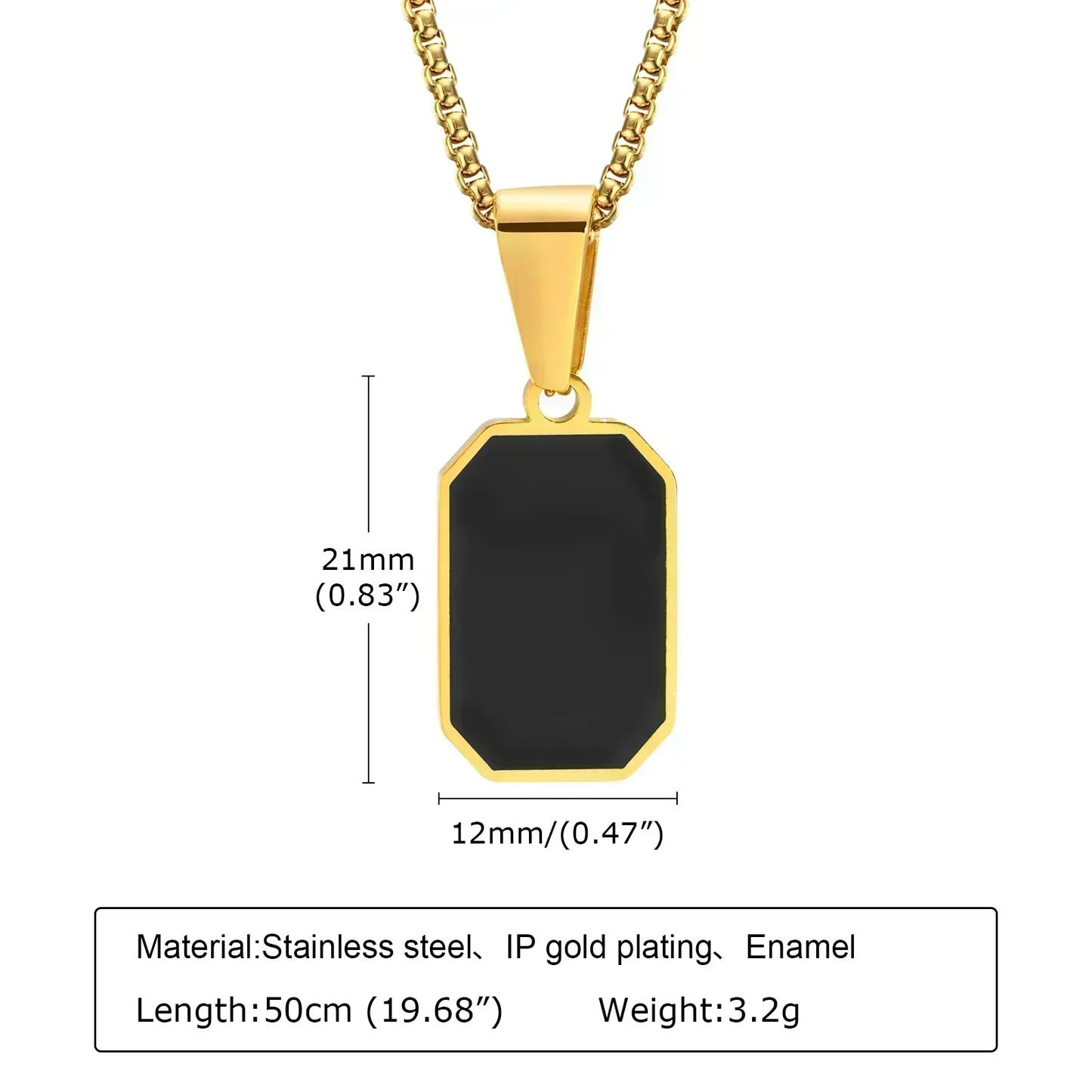 Gold Geometric Square Necklace for Men – Black Enamel Rectangle Pendant Stainless Steel Chain