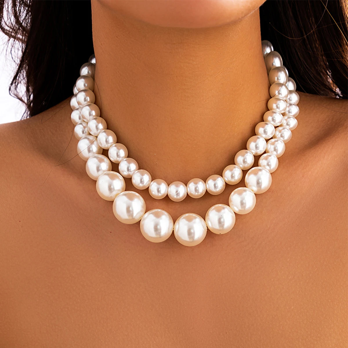 2Pcs/Set Luxury Big Imitation Pearl Multilayer Choker Necklace for Women
