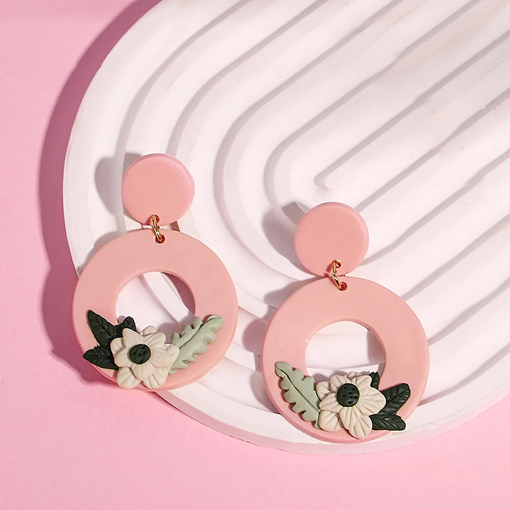 Polymer Clay Heart Earrings for Women – Handmade Valentine's Day Gift, Flower & Heart Drop Earrings