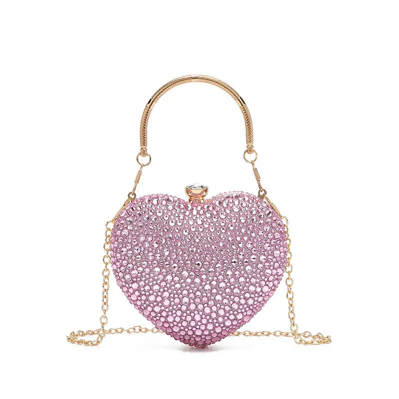 Luxury Heart-Shaped Crystal Clutch Purse – Rhinestone Evening Wedding Party Mini Handbag with Chain Handle