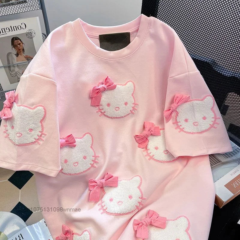 Tiktok Pink Hello Kitty T-Shirt – Loose Summer Sweet Girl Cartoon Top