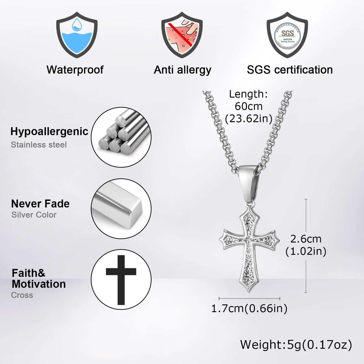 Cross Pendant Necklace for Men & Women – Stainless Steel Choker with Box Chain, Christian Jewelry Gift