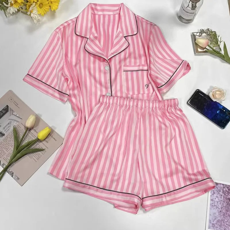 Women's Striped Satin Pajama Set – Short Sleeve Faux Silk Sleepwear with Shorts