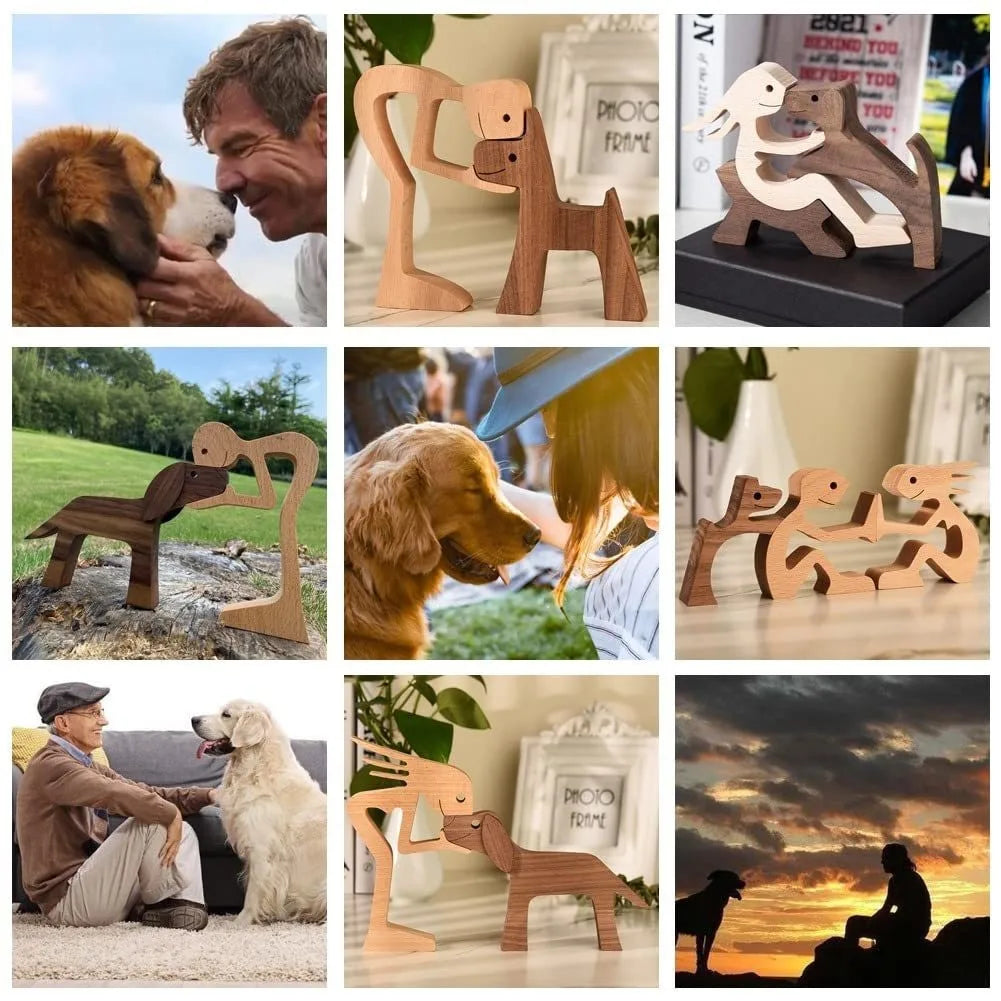 Family Puppy Wood Figurine – Hand-Carved Dog Craft for Home Decor and Gifts