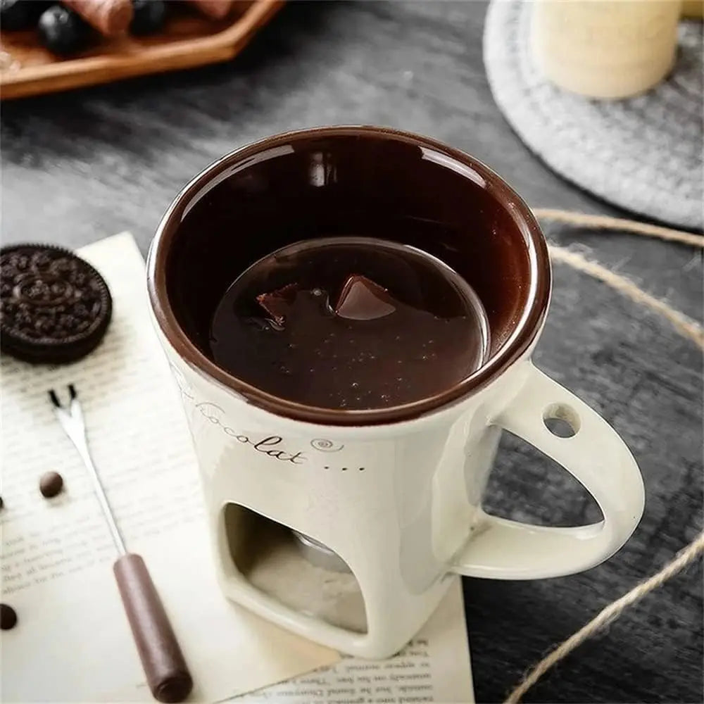 Personal Mini Fondue Mug Set – Ceramic Chocolate & Cheese Melting Cup with Forks, Ideal for Valentine's Day and Girls' Gifts