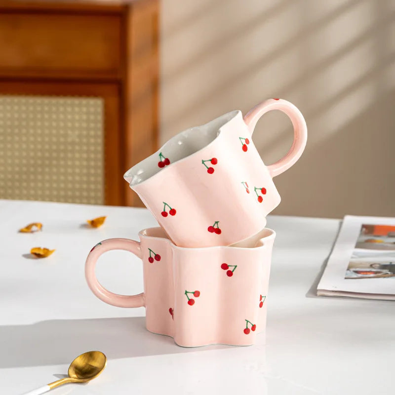 Flower Shape Ceramic Mug with Cartoon Cherry Print, Cute Milk Coffee Cup, Birthday Gift for Girls, Decorative Mug