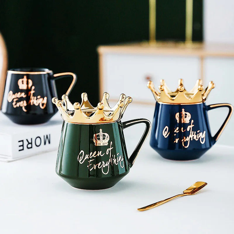 400ml Crown Ceramic Coffee Cup Fine Couple Mug with Lid Simple Afternoon Tea Coffee Cup Breakfast Milk Coffee Mug Birthday Gift