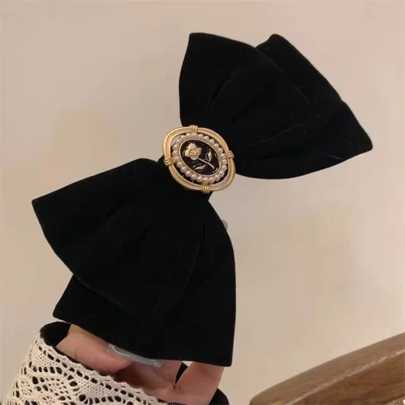 Elegant Black Velvet Bow Hair Pins – Rose Design Alloy Hair Clips for Women’s Hairstyles