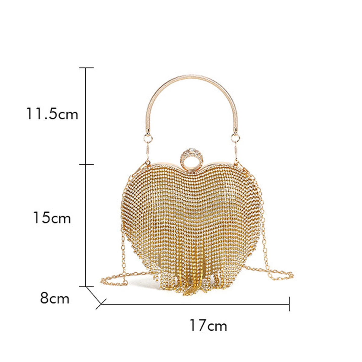 Rhinestone Heart Pattern Evening Bag – Silver Handbag with Tassel & Diamond Details for Weddings, Proms, and Banquets