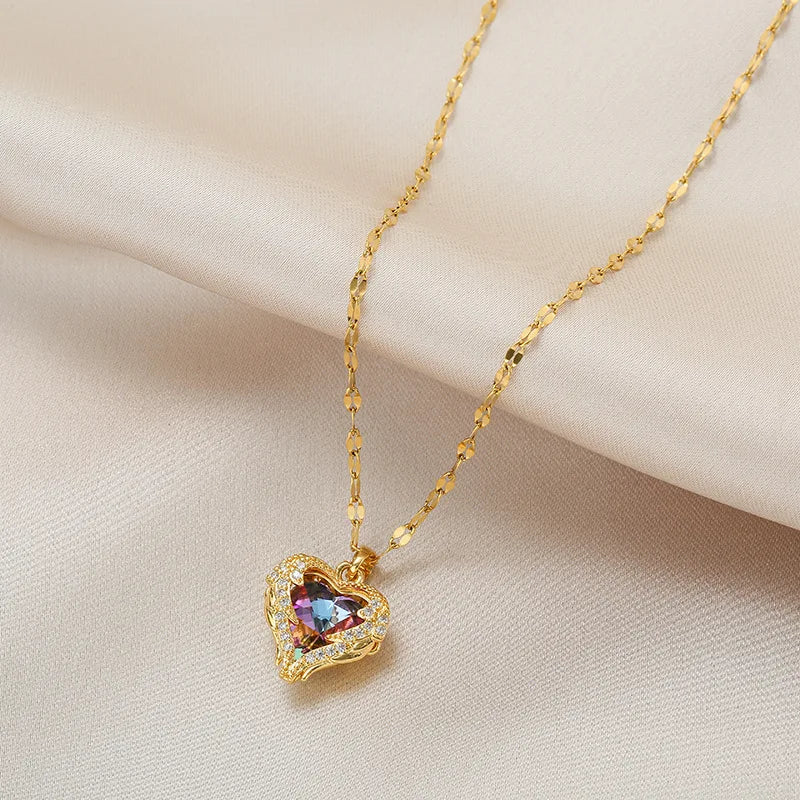 Luxury Colorful Crystal Ocean Heart Pendant Necklace – Trendy 316L Stainless Steel Jewelry for Women