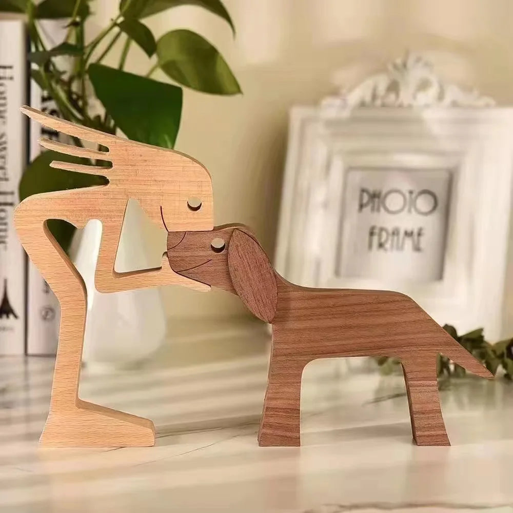 Family Puppy Wood Figurine – Hand-Carved Dog Craft for Home Decor and Gifts