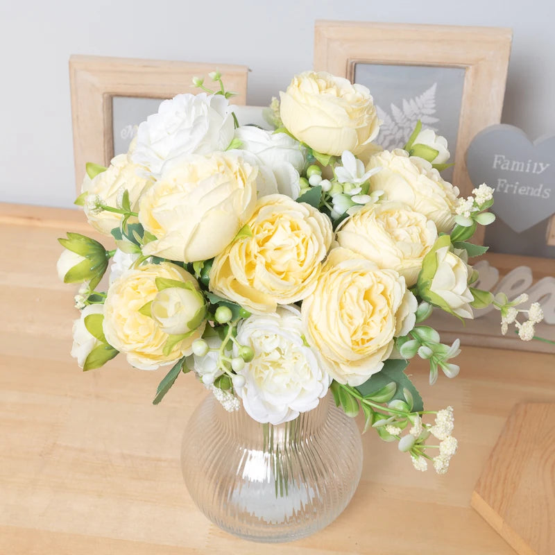 Kahaul Artificial Rose & Peony Silk Flower Bouquet – White Faux Flowers for Wedding, Home, and Party Decor