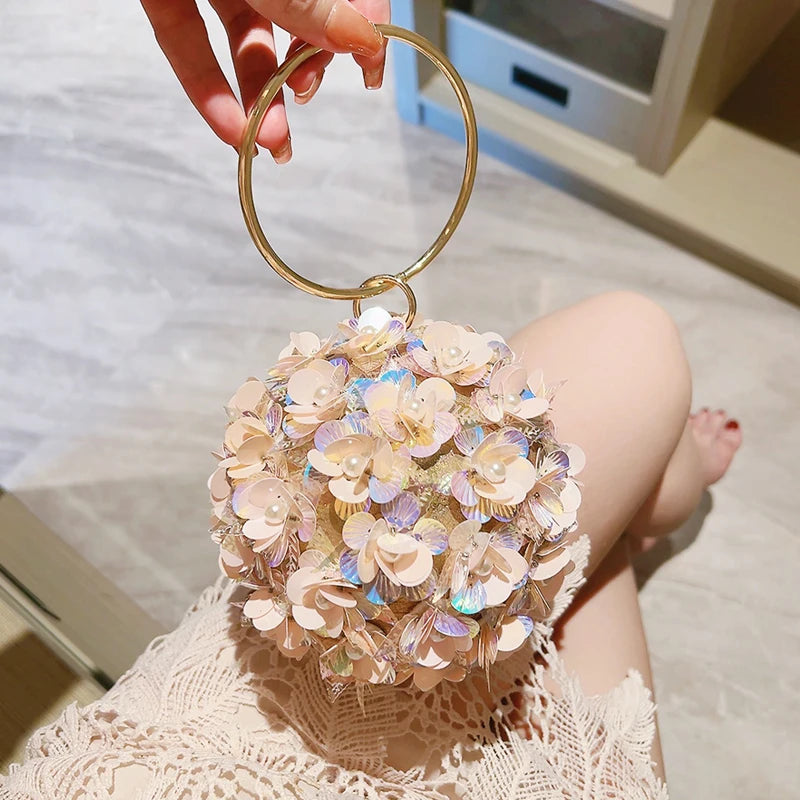 Mini Sequin Flower Evening Bag – Elegant Round Clutch Purse for Weddings, Parties, and Proms