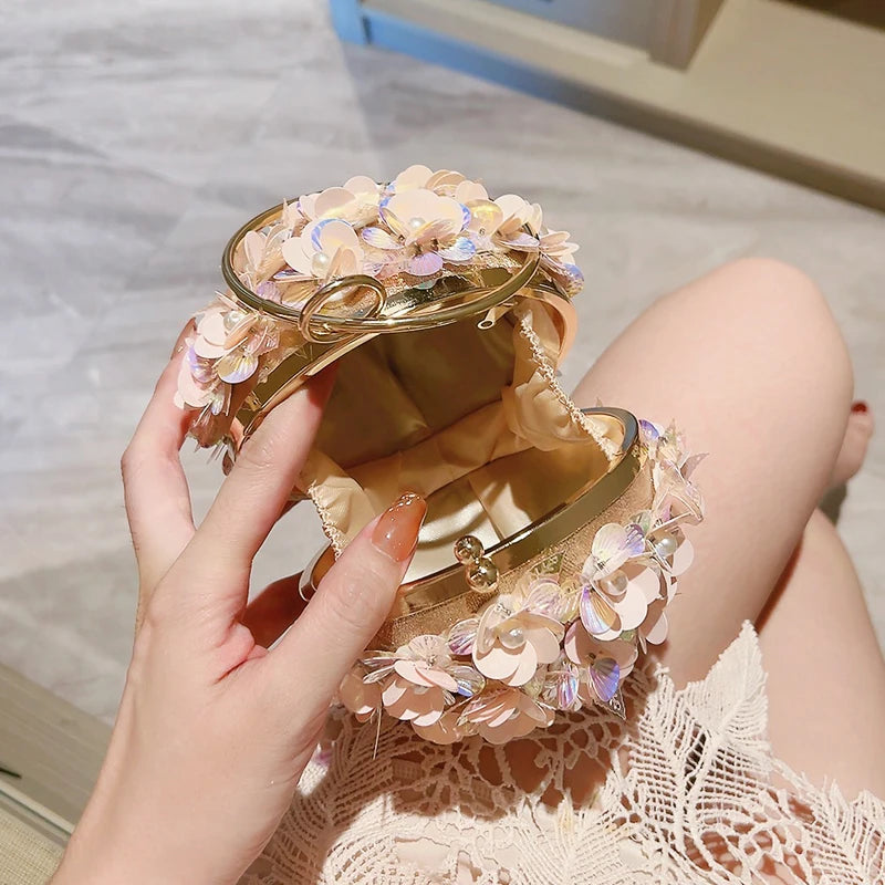 Mini Sequin Flower Evening Bag – Elegant Round Clutch Purse for Weddings, Parties, and Proms