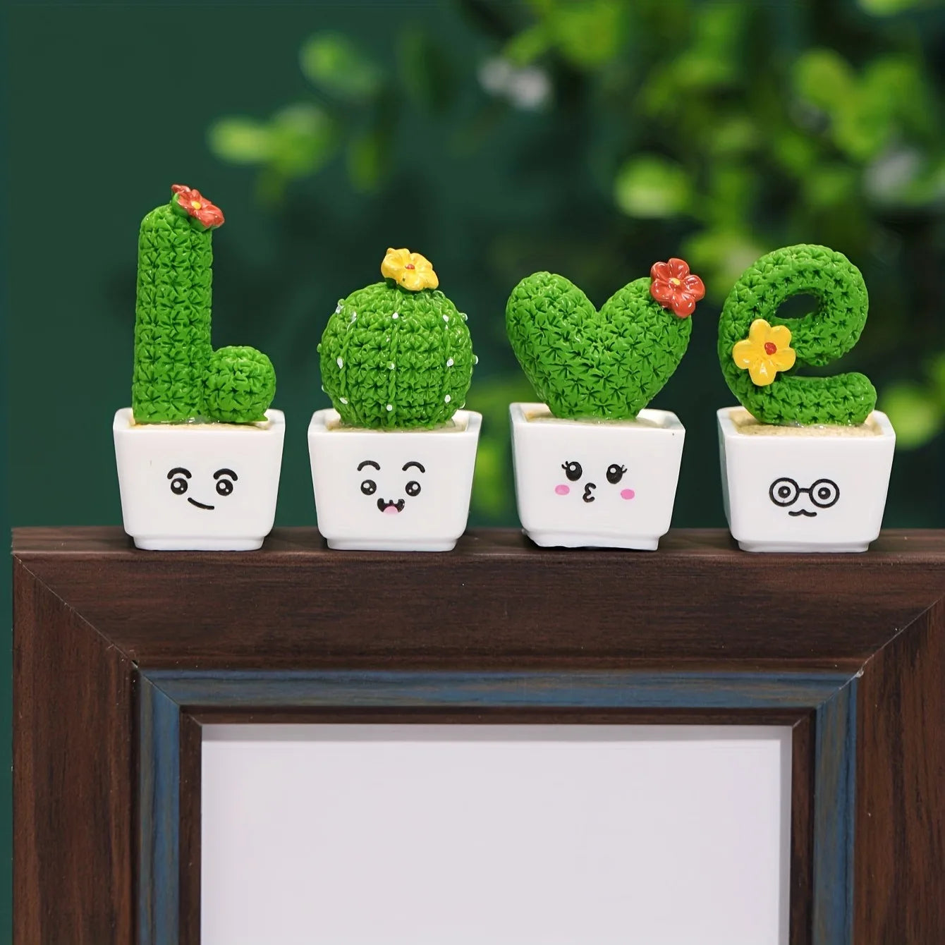 Charming 4-Piece Love & Cactus Resin Figurine Set – Perfect Tabletop Decor for Living Rooms, Bedrooms, and Cafes
