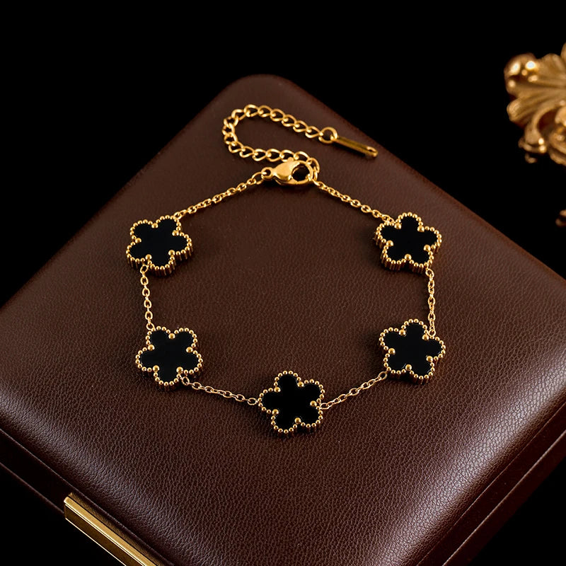 GANEMLY 316L Stainless Steel 4-Color Five-Leaf Clover Jewelry Set – Necklace, Bracelet, and Earrings for Women