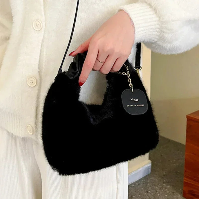 Women’s Faux Fur Plush Handbag – Ruched Handle Small Shoulder & Crossbody Tote for Winter