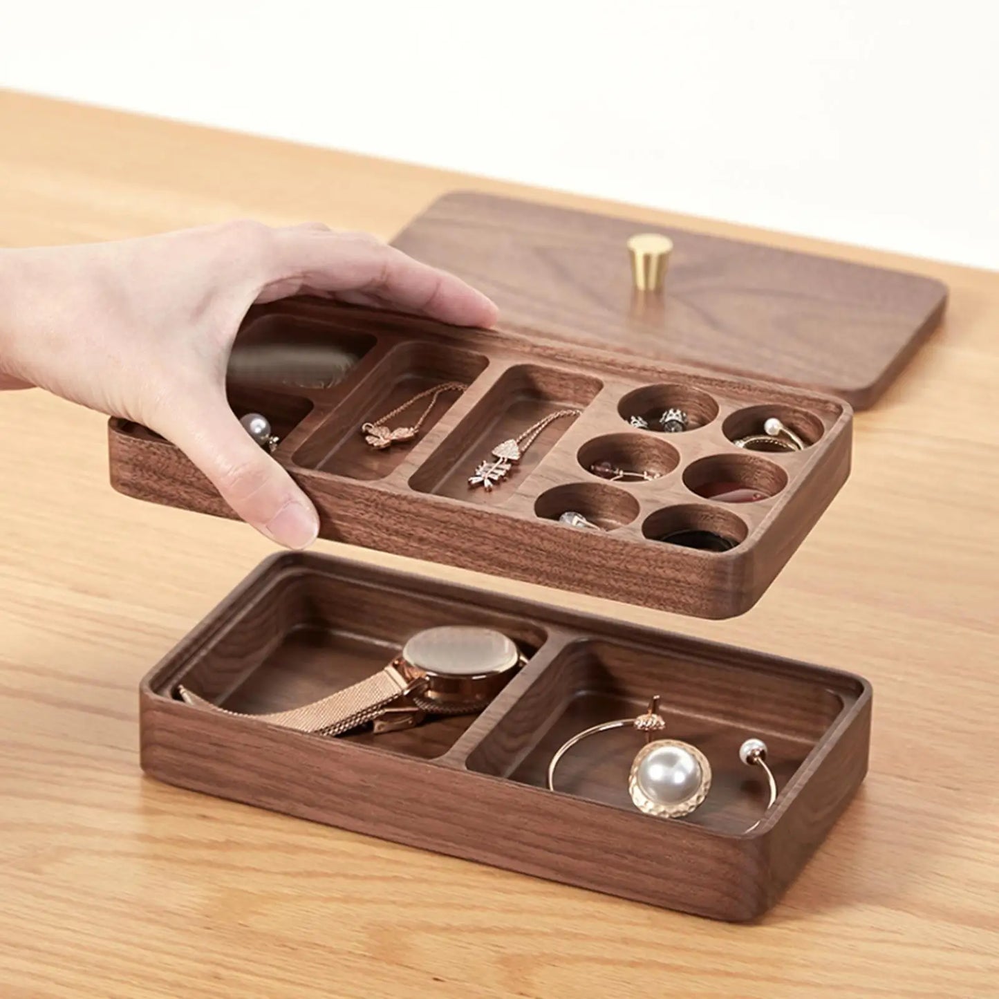 Wooden 2-Tier Jewelry Organizer – Smooth Solid Wood Storage Box for Women’s Earrings, Necklaces, and Watches