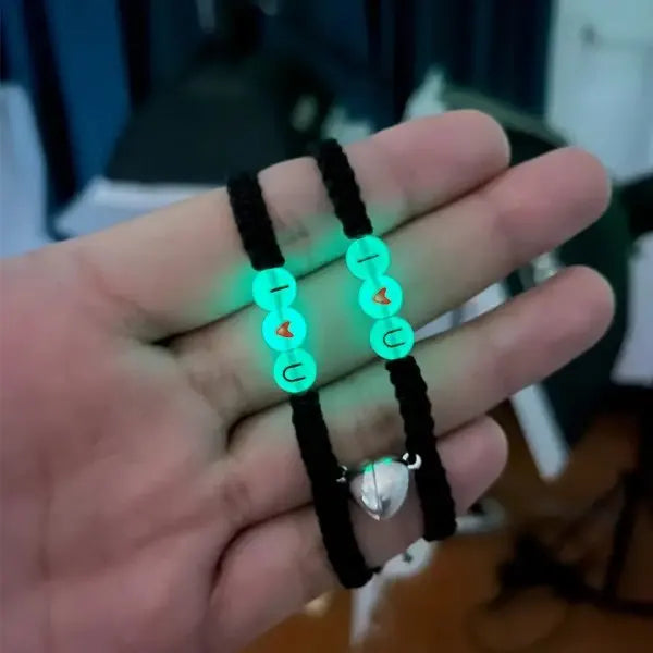 2Pcs Pinky Promise Couple Bracelets – Luminous Heart Bead Braided Friendship Jewelry for Kids