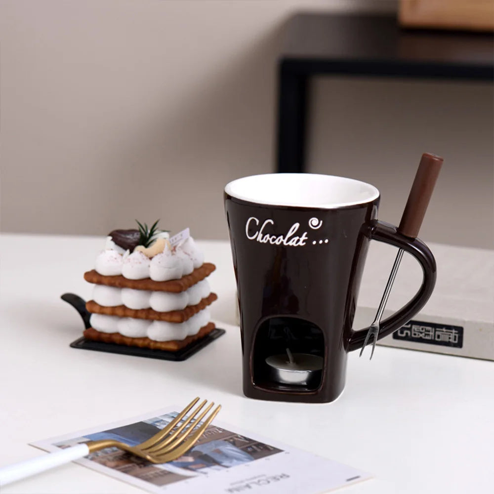Personal Mini Fondue Mug Set – Ceramic Chocolate & Cheese Melting Cup with Forks, Ideal for Valentine's Day and Girls' Gifts