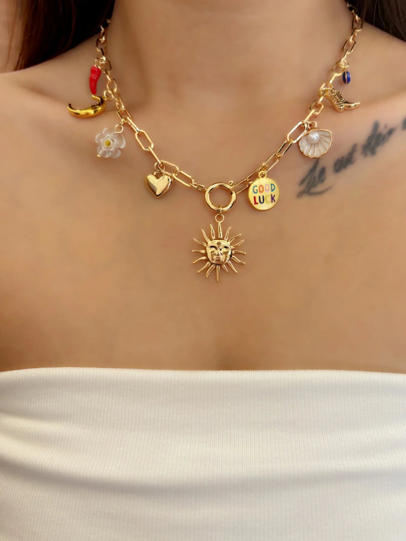 Evil Eye Charms Necklace – Gold Heart Pendant with Boho Sun, Moon, and Chili Accents for Women’s Party Jewelry