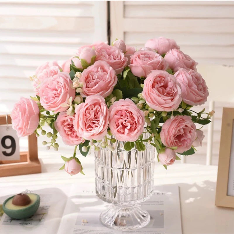 30cm Rose Pink Peony Silk Bouquet – Artificial Flower with 5 Big Heads & 4 Small Buds for Weddings and Home Decor