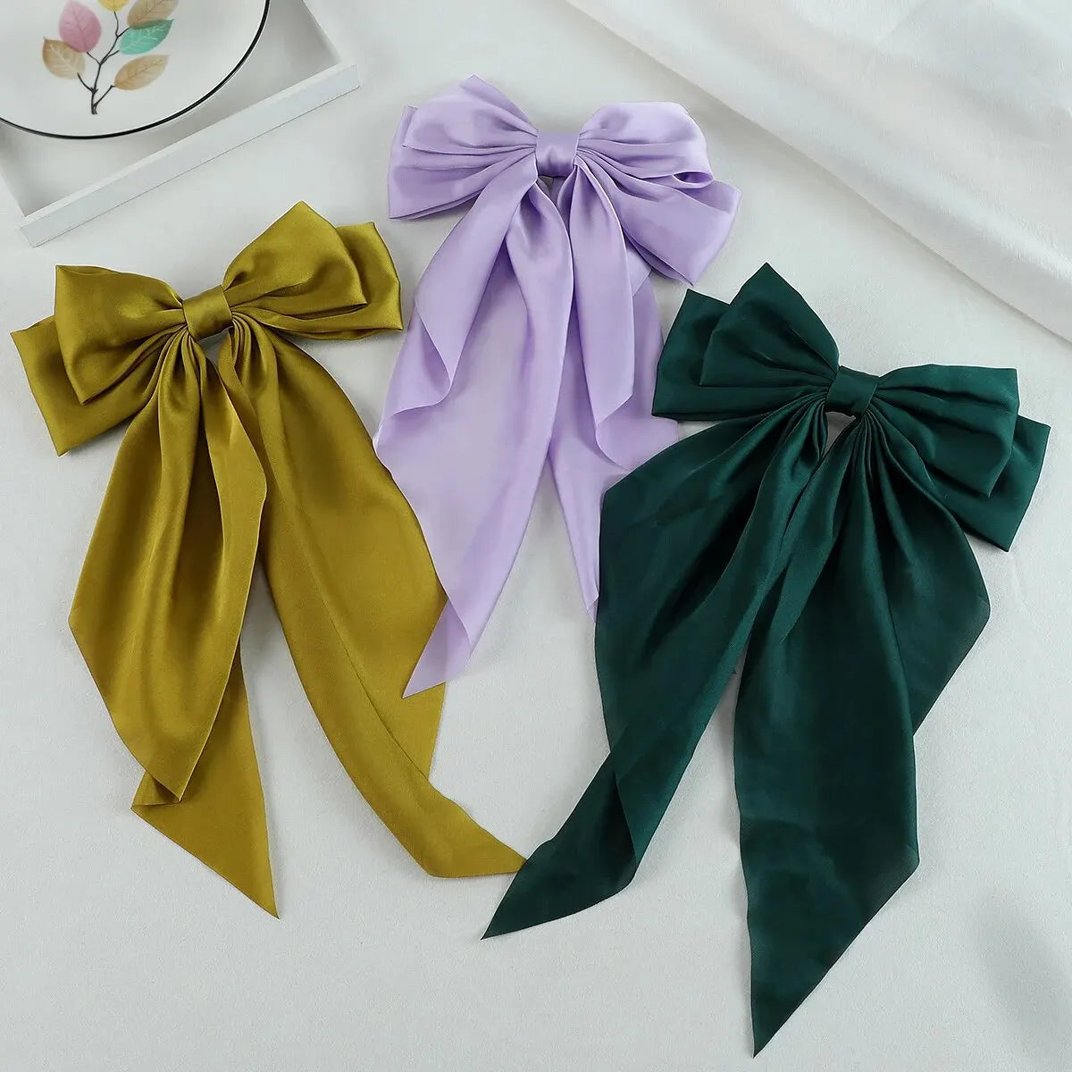 3Pcs Large Satin Ribbon Bow Hair Clips – Elegant Solid Color Hair Accessories for Women