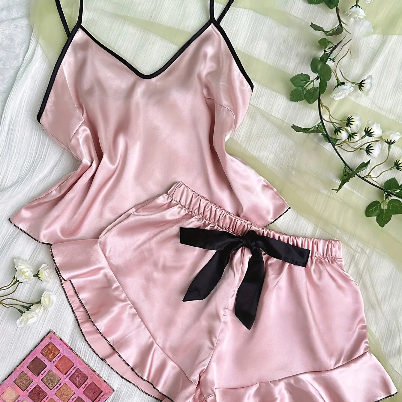 Luxurious Women’s Satin Pajama Set – V-Neck Ruffle Top & Bow Shorts