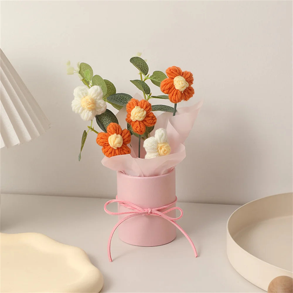 5PCS Knitted Flowers Puff Bucket Bouquet – Woolen Handcrafted Flowers for Valentine’s Day, Weddings, and Gifts
