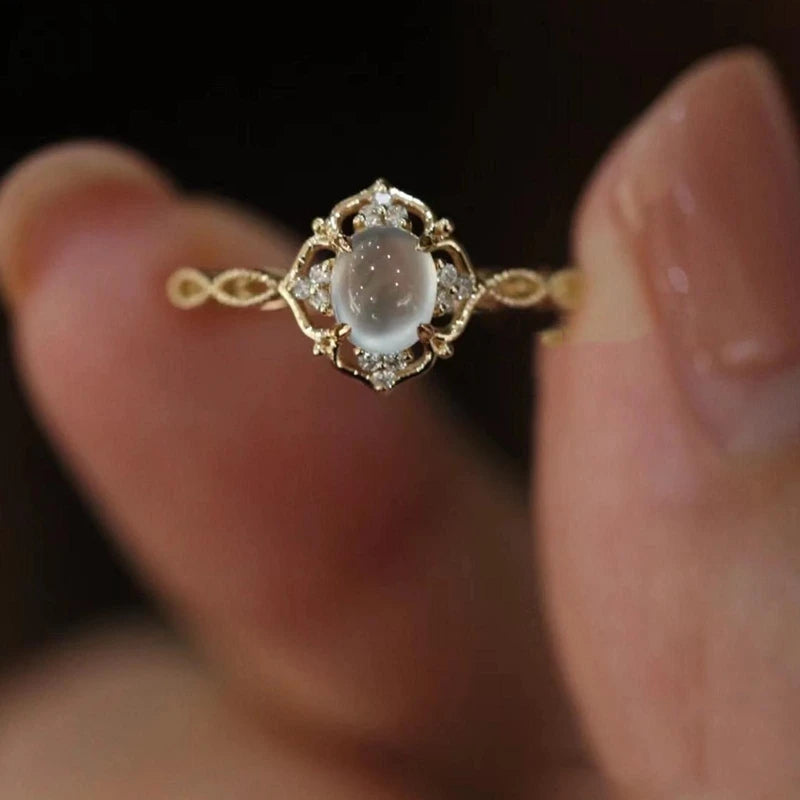 Gold Plated Natural Moonstone Cat’s Eye Ring – Luxury Geometric Design for Women