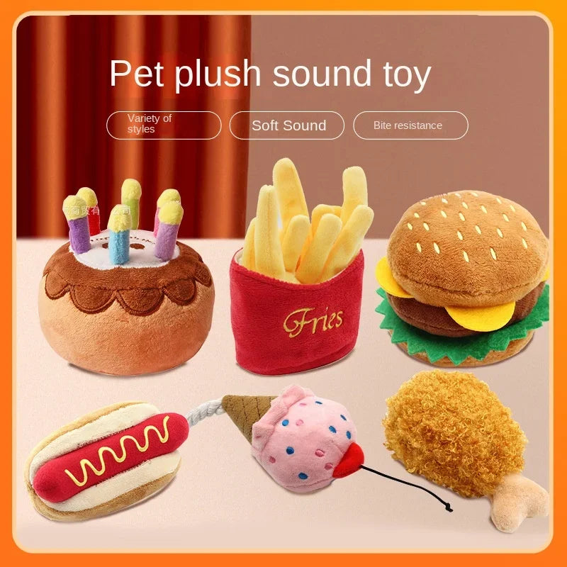Plush Squeaky Dog Toys – Soft Chew-Resistant Ice Cream, Fries, and Hamburger Toys for Dogs