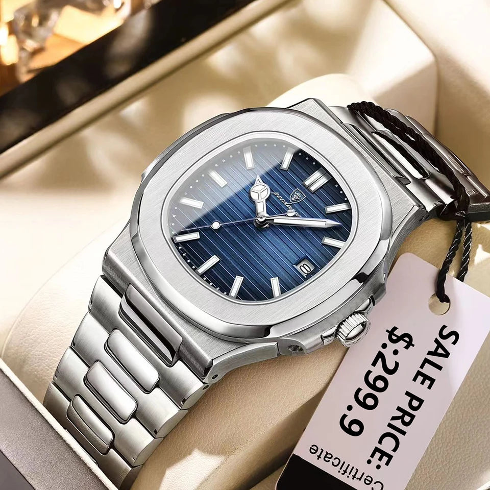 POEDAGAR Luxury Men's Square Quartz Watch – Stainless Steel, Waterproof, Luminous Hands, Date Display, Fashion & Casual 2024