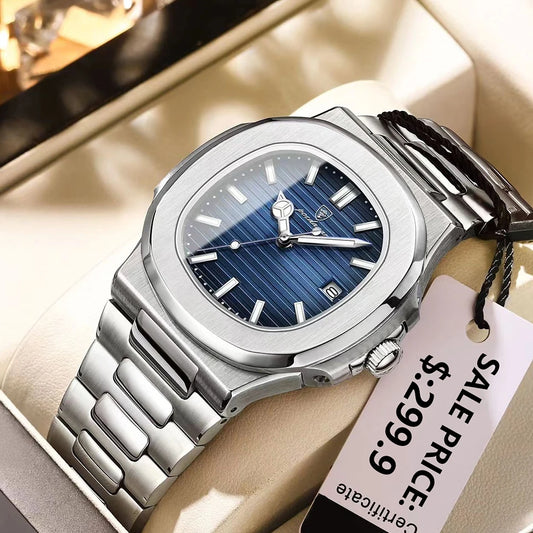POEDAGAR Luxury Men's Square Quartz Watch – Stainless Steel, Waterproof, Luminous Hands, Date Display, Fashion & Casual 2024