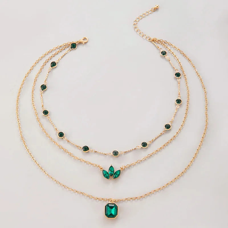 Tocona Luxury Leaf Grass Green Crystal Stone Layered Necklace – Adjustable Alloy Jewelry for Women