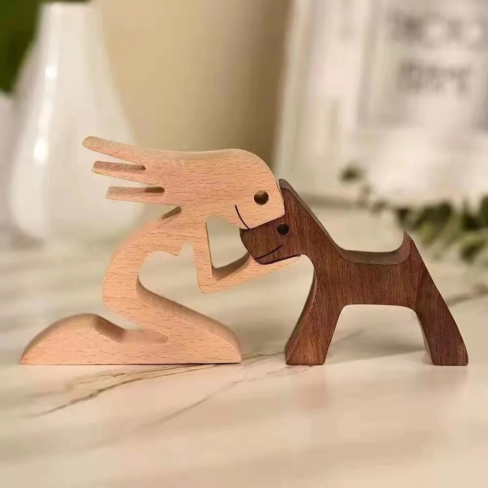 Family Puppy Wood Figurine – Hand-Carved Dog Craft for Home Decor and Gifts