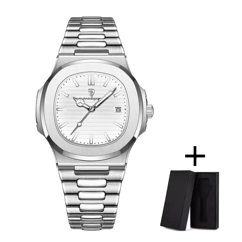 POEDAGAR Luxury Men's Square Quartz Watch – Stainless Steel, Waterproof, Luminous Hands, Date Display, Fashion & Casual 2024