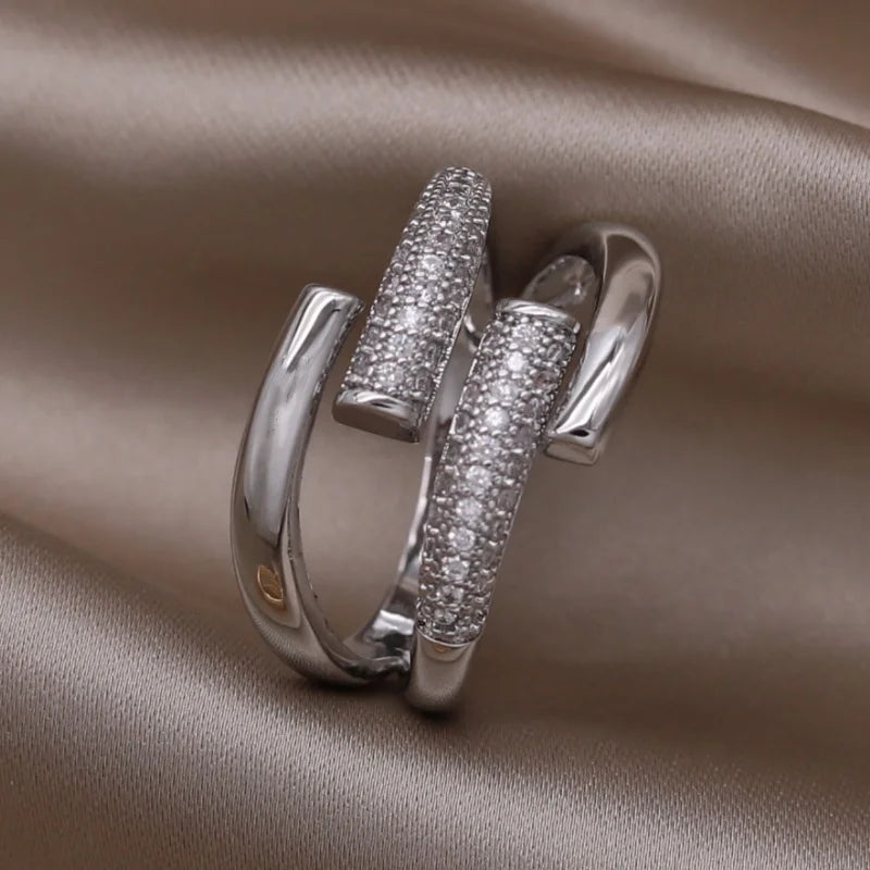Gold plated simple double love crystal ring elegant women's daily opening ring accessories