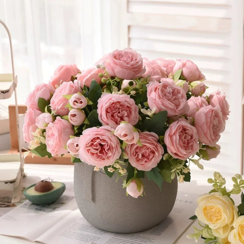 30cm Rose Pink Peony Silk Bouquet – Artificial Flower with 5 Big Heads & 4 Small Buds for Weddings and Home Decor