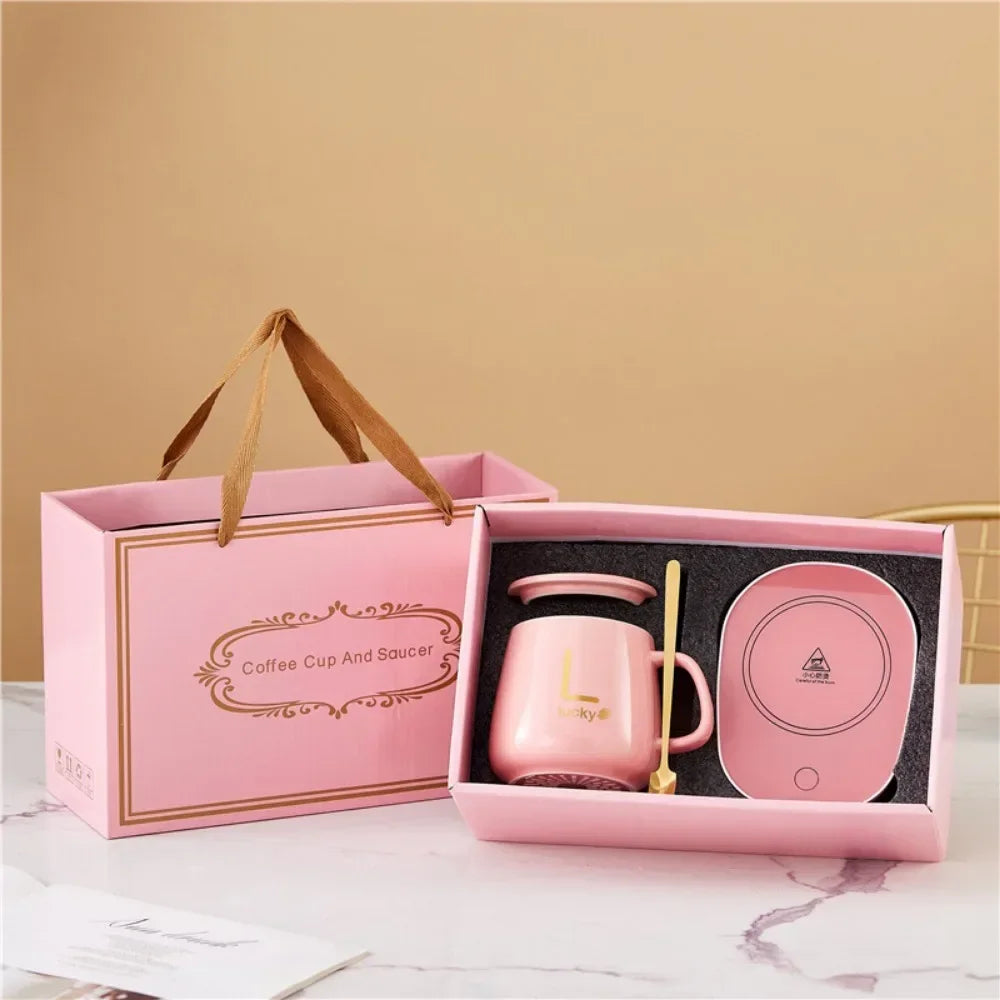 HeatMate 55°C Thermostat Ceramic Mug with Spoon & Storage Bag – Warm Mug Gift Set for Portable Meals