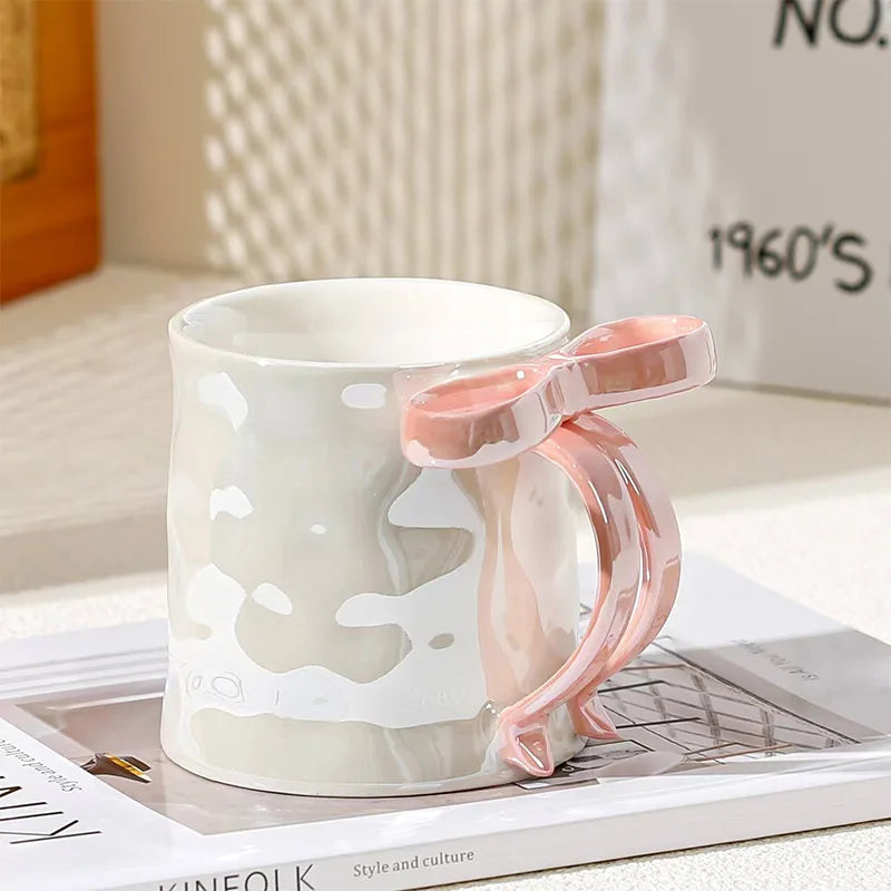 Kawaii Pearl Glazed Ceramic Mug with Bow Handle, 350ml Coffee Milk Tea Cup, Valentine's Day Gift, Gift Box Packaging