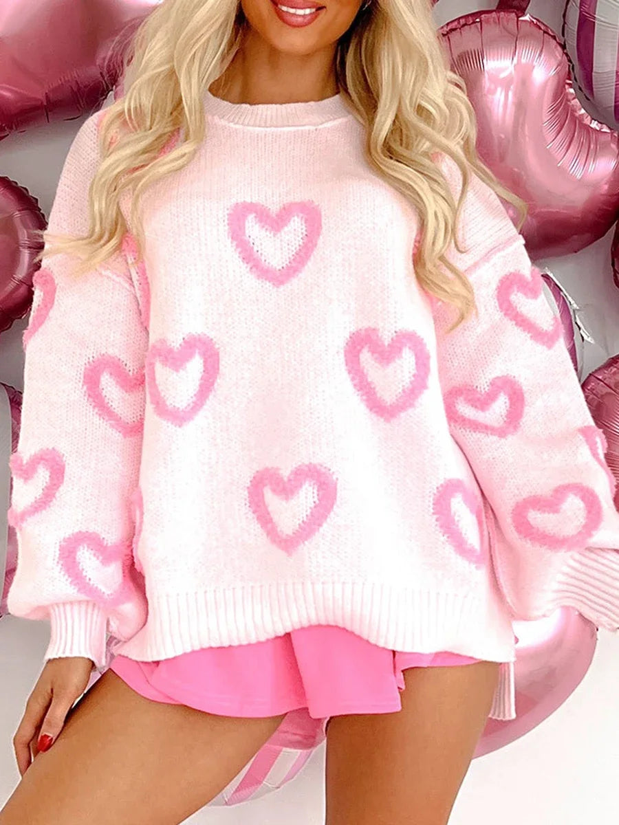 Women’s Pink Heart Print Oversized Sweatshirt – Romantic Valentine’s Day Sweater