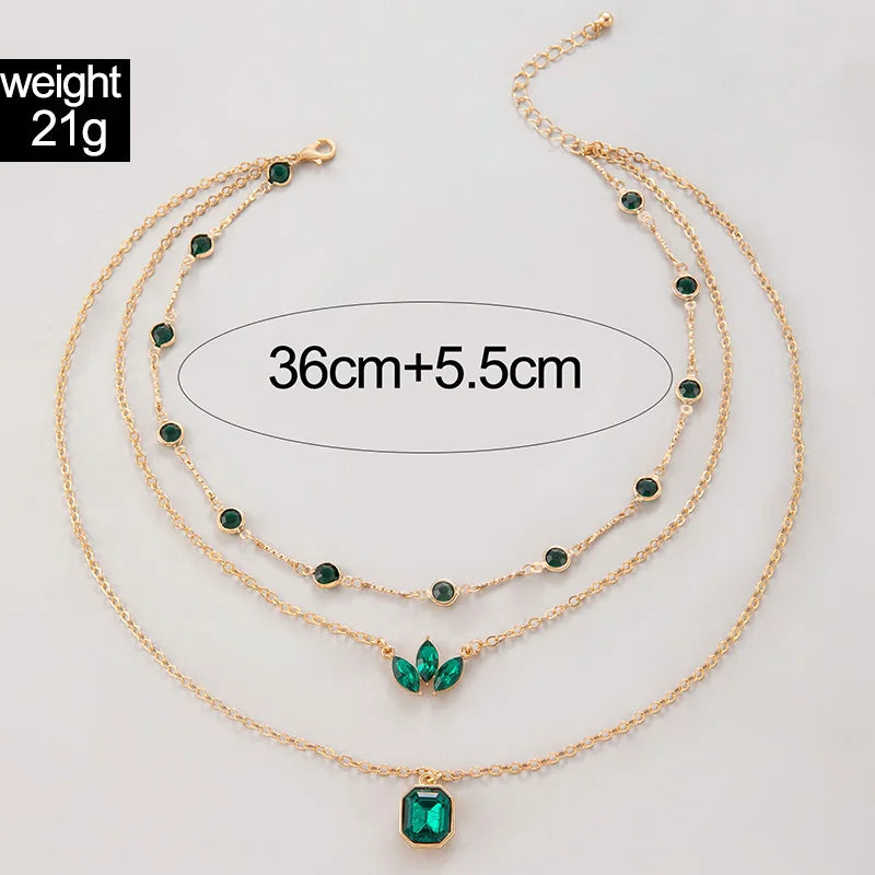 Tocona Luxury Leaf Grass Green Crystal Stone Layered Necklace – Adjustable Alloy Jewelry for Women