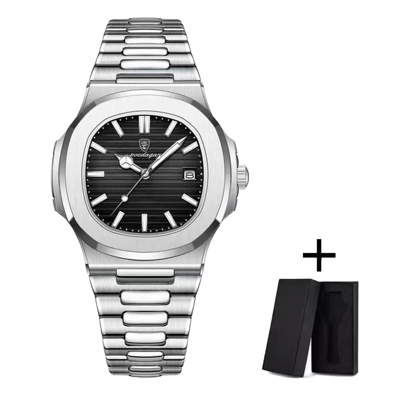 POEDAGAR Luxury Men's Square Quartz Watch – Stainless Steel, Waterproof, Luminous Hands, Date Display, Fashion & Casual 2024