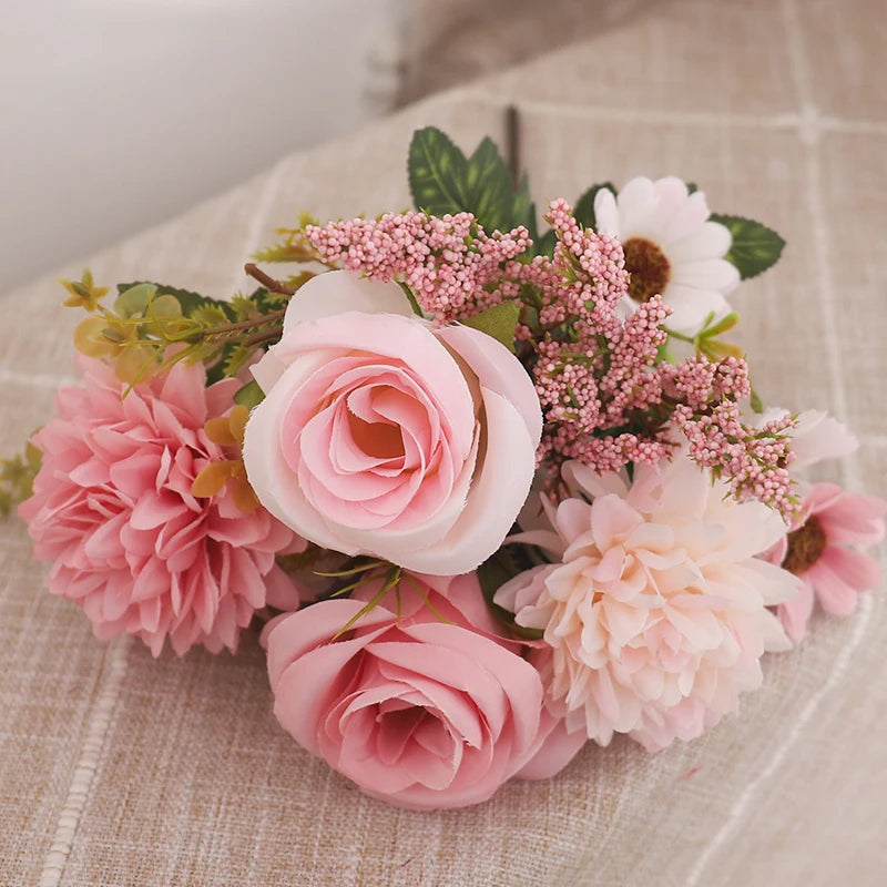 Artificial Autumn Roses & Silk Hydrangea Daisies – Home Table Bouquet for Weddings, Christmas, and Everyday Decor