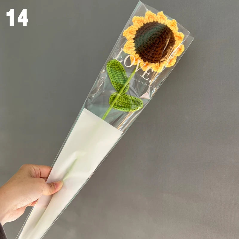 DIY Knitting Bouquet Rose Tulip Flower Bouquet Sunflower Hand-knitted Fake Flowers Knit Flower Home Table Crochet Floral Bouquet