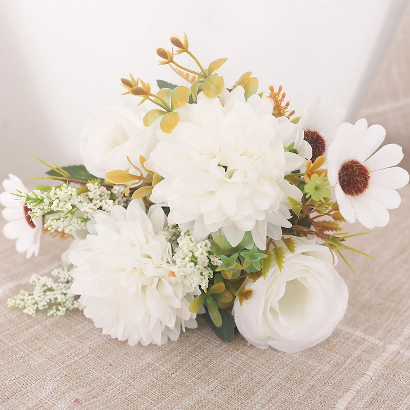 Artificial Autumn Roses & Silk Hydrangea Daisies – Home Table Bouquet for Weddings, Christmas, and Everyday Decor