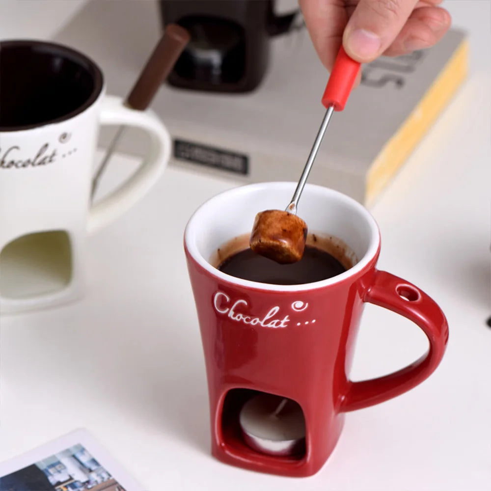 Personal Mini Fondue Mug Set – Ceramic Chocolate & Cheese Melting Cup with Forks, Ideal for Valentine's Day and Girls' Gifts