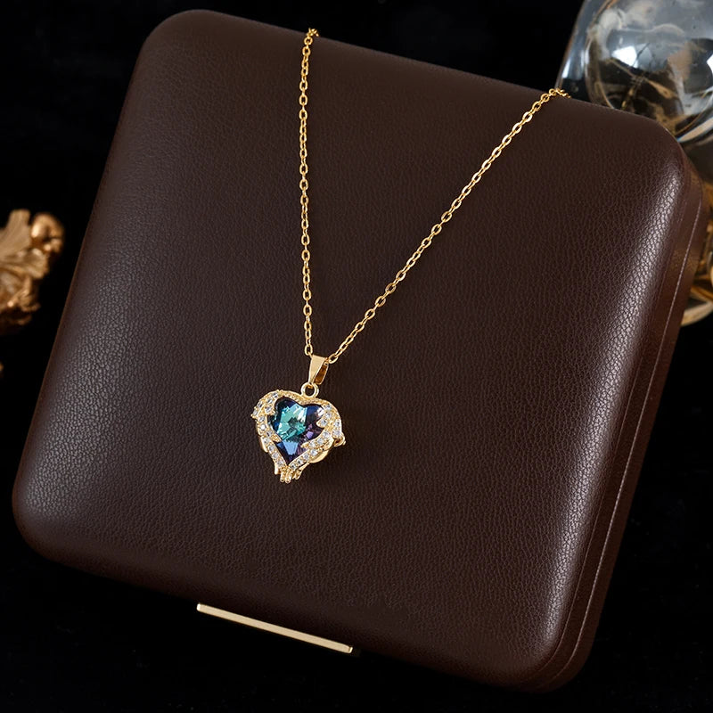 GANEMLY 316L Stainless Steel Clover Pendant Necklace – Green Crystal 2-Layer Chain for Women’s Trendy Luxury Jewelry