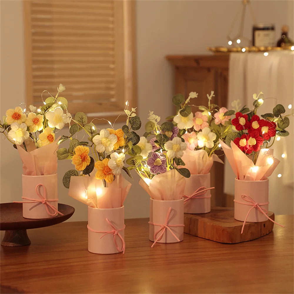 5PCS Knitted Flowers Puff Bucket Bouquet – Woolen Handcrafted Flowers for Valentine’s Day, Weddings, and Gifts
