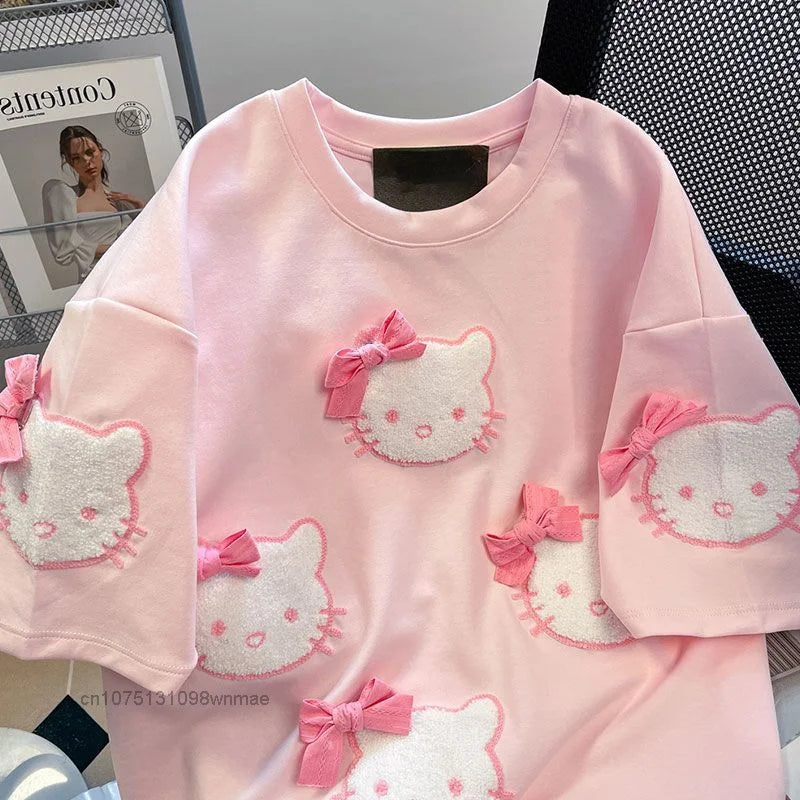 Tiktok Pink Hello Kitty T-Shirt – Loose Summer Sweet Girl Cartoon Top